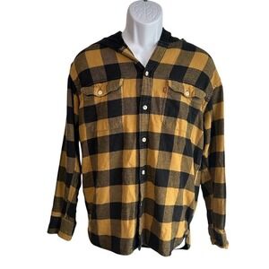 Levi's Men Small Plaid Flannel Button Up‎ Mustard Black Shirt Hooded